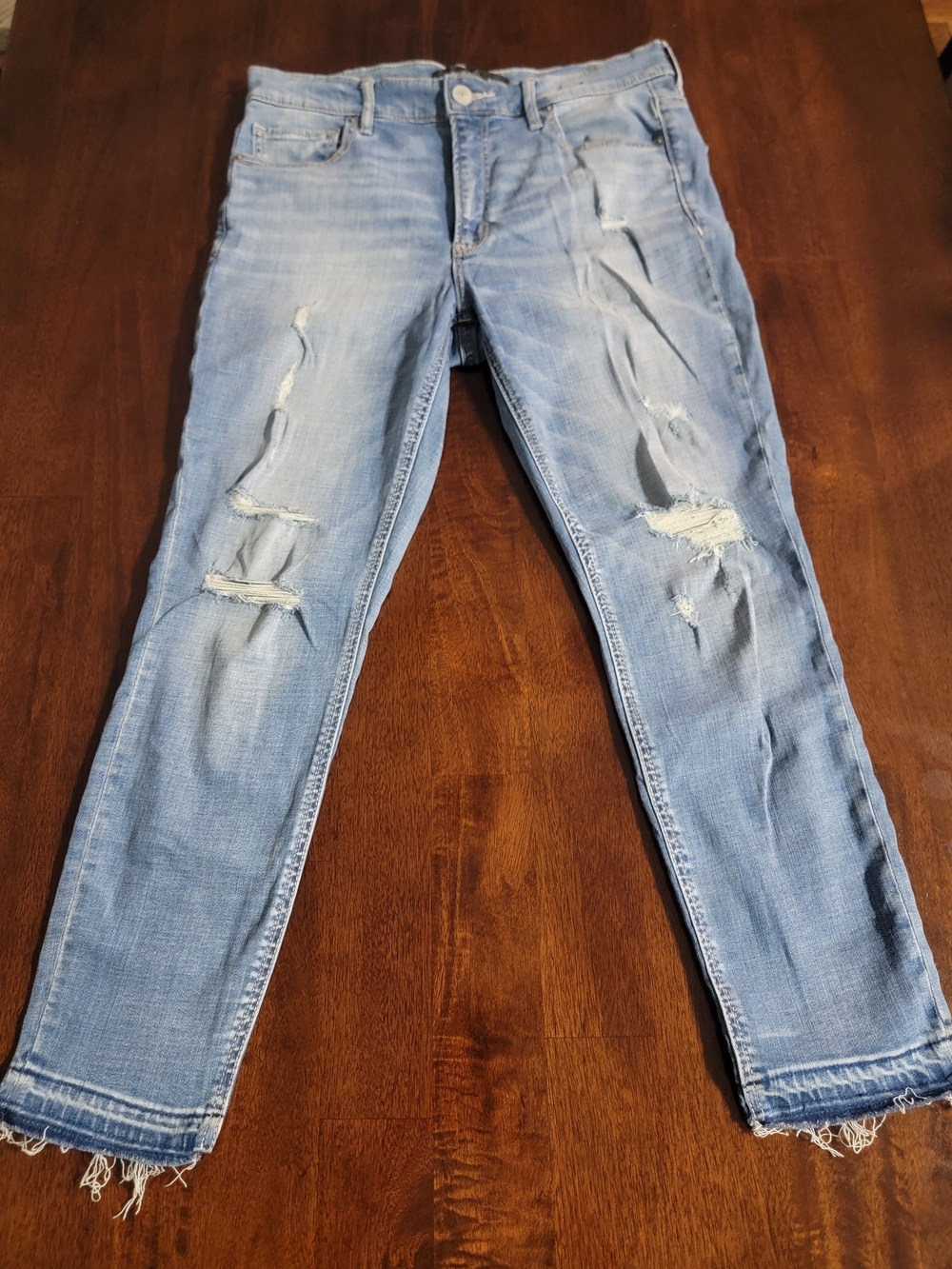 Express Light Blue Distressed High Rise Skinny Cropped Jeans